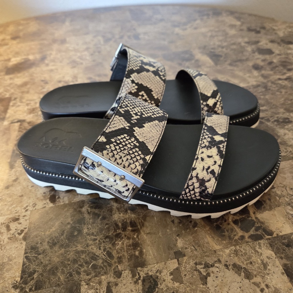 Sorel Roaming Buckle sandals sz 8 Slide Two Strap Platform Snake print casual